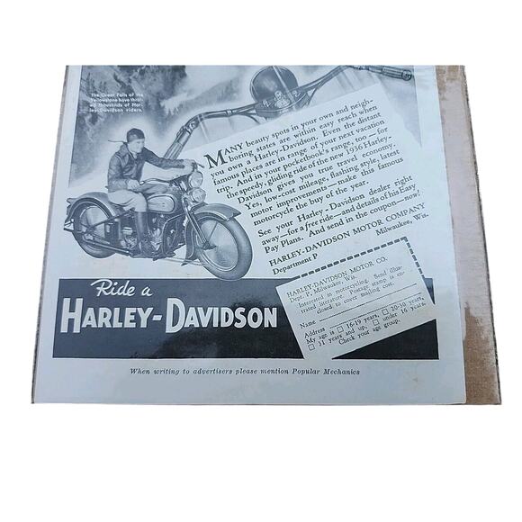1936 Old Magazine Print Ad, Harley-Davidson Motorcycle, for Vacation Thrills! - Picture 3 of 3